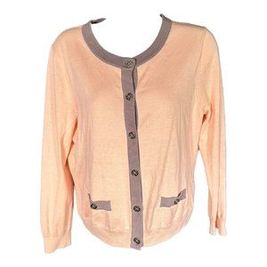 LK Bennett Silk Cotton Cardigan Sweater Peach Gray Medium Button Round Neck Knit